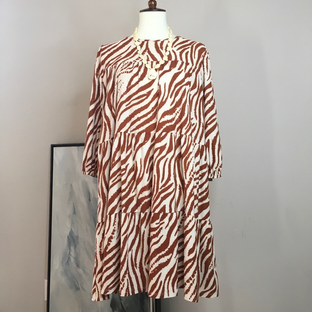 MTS tiered swing dress | Med | brown + cream zebra